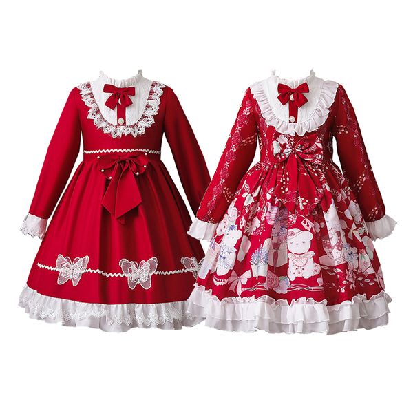 

sweet lolita princess dresses for girls 2021 spring autumn new long sleeve red lace christmas costume childrens cute clothes, Red;yellow
