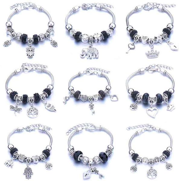 

2021 black beaded adjustment bracelet zinc alloy inlaid zircon round beads owl diy jewelry female pandora-style, Golden;silver