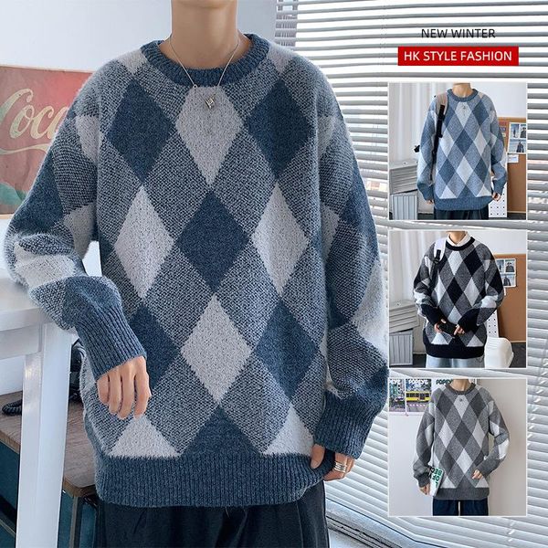 

men's sweaters winter long sleeve sweater hong kong style o-neck loose pile thickened mohair college trend couple pullover, White;black