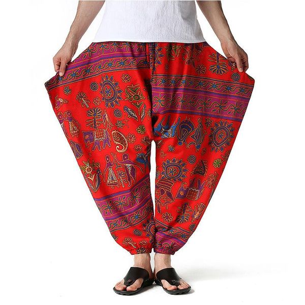 

men's pants chinese style printed harem four seasons retro flying squirrel loose home color trousers, Black