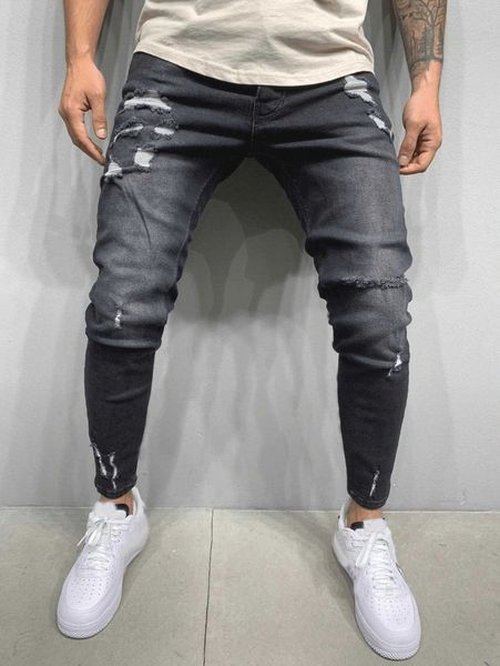 

men ripped frayed bleach wash jeans k50z#, Blue