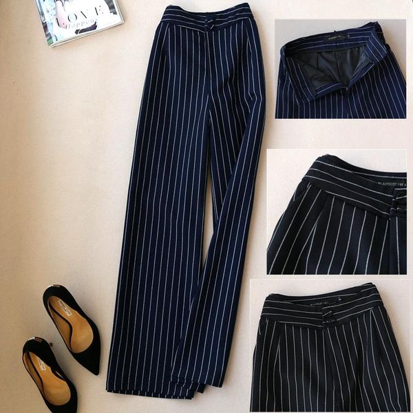 

women's pants & capris wide leg women elegant office lady woolen striped trousers high waist womens, Black;white