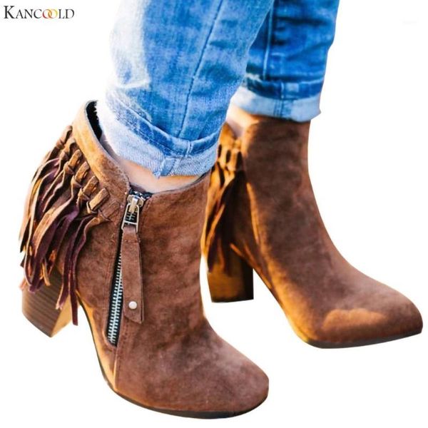 

boots kancoold shoes women fashion solid fringe zipper thick short toe casual woman with a heel female1, Black