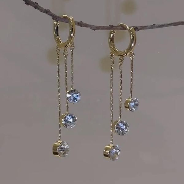 

dangle & chandelier korean style exquisite shining zircon pendant drop earrings for women girls gold plated buckle circle long tassel, Silver