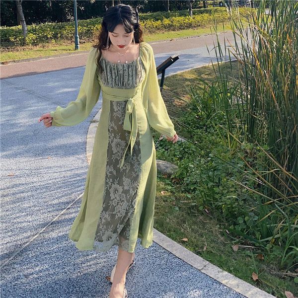 

fairy vintage dress elegant long sleeve square collar dress female spring floral maxi dress franch style boho vestidos, Black;gray