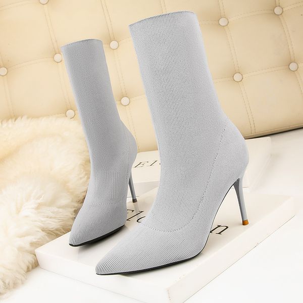 

608-5 high heel stiletto heel pointed-toe ankle boots solid color pedicure show skinny socks boots knitted socks ankle boots stretch socks b, Black