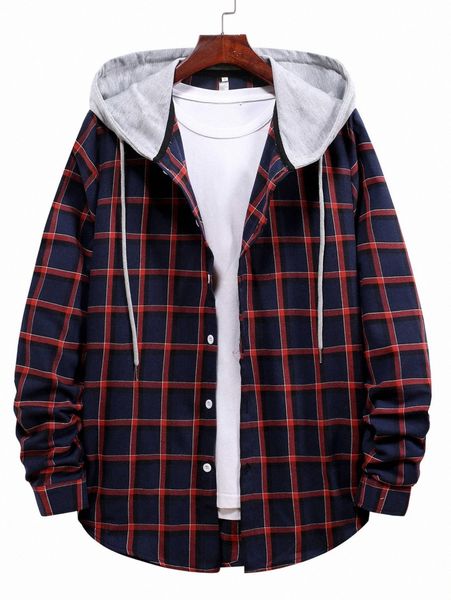 

men plaid drawstring hooded shacket d5e9#, Black;brown