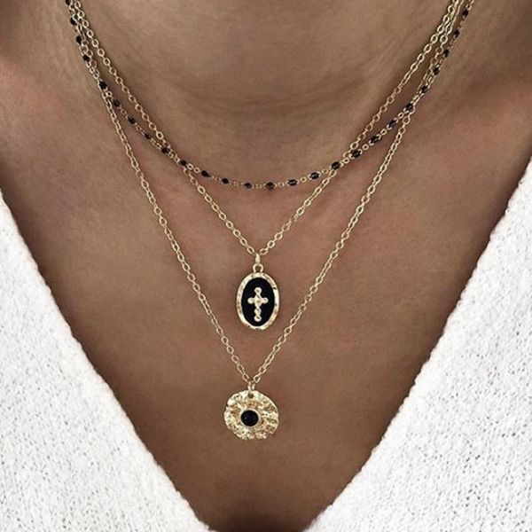 

chokers bohemian cross multi layer necklaces for women retro disc black beads pendant necklace gold chain choker geometric jewelry, Golden;silver
