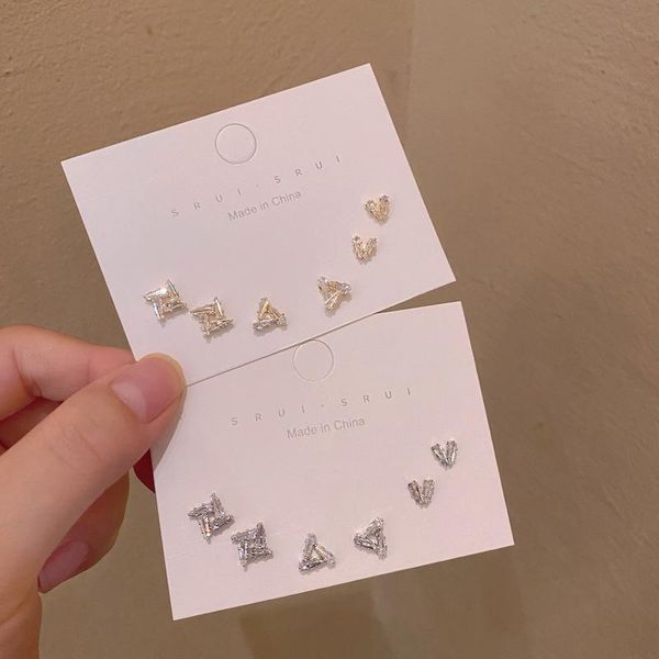 

stud s925 micro-inlaid zircon geometric earrings set female exquisite all-match fashionable temperament trend, Golden;silver