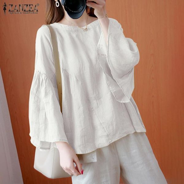

women's blouses & shirts women spring o neck blouse zanzea 3/4 flare sleeve shirt casual loose holiday summer vintage work ol chemise, White