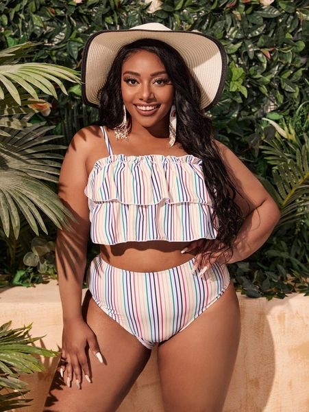 

plus striped tiered layer bikini swimsuit w5xm#, Black