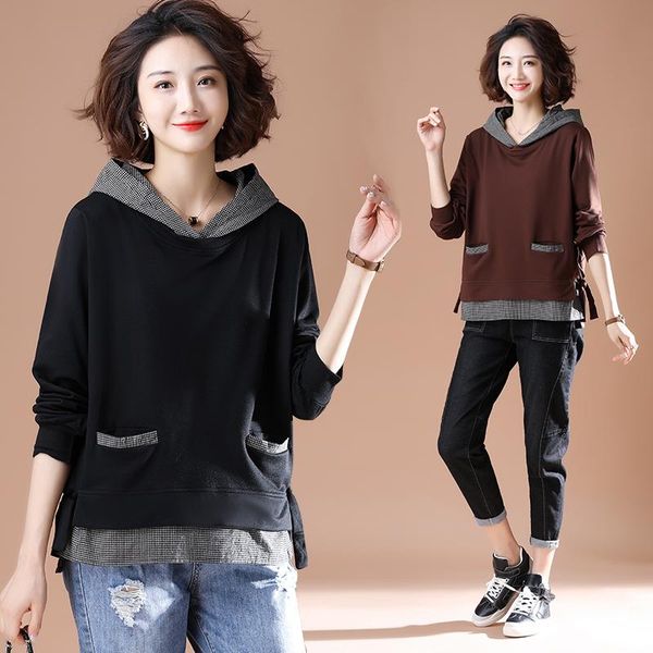 

women's hoodies & sweatshirts spring autumn thin fake two-piece sweatshirt hooded with two pockets korean style all-match patchwork chi, Black