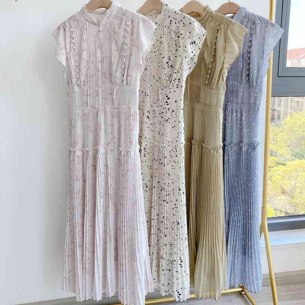 

casual dresses fresh elegant feminino high waist woman dress 2022 summer pleated a line design robe chic print hollow out vestidos sv62, Black;gray