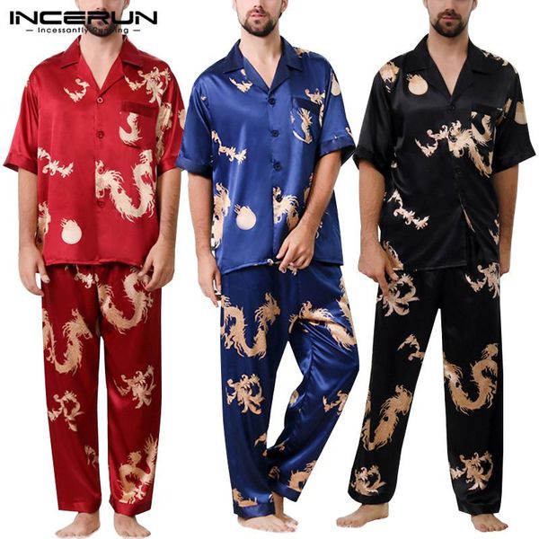 

incerun fashion men pajamas set printing silk satin short sleeve pants 2021 loose ladies sleepwear sets men nightwear s-5xl, Black;brown
