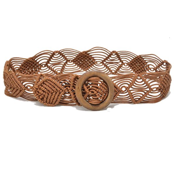 

new ethnic style waist chain pattern manual wax rope woven wooden buckle decorative belt, Black;brown