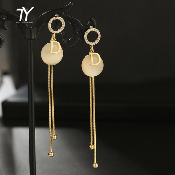

dangle & chandelier classic d letter round opal metal tassel long drop earrings for woman 2021 korean fashion jewelry party girls' luxu, Silver