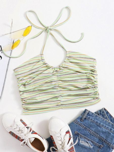 

halterneck tie back striped rib-knit crop z6ka#, White
