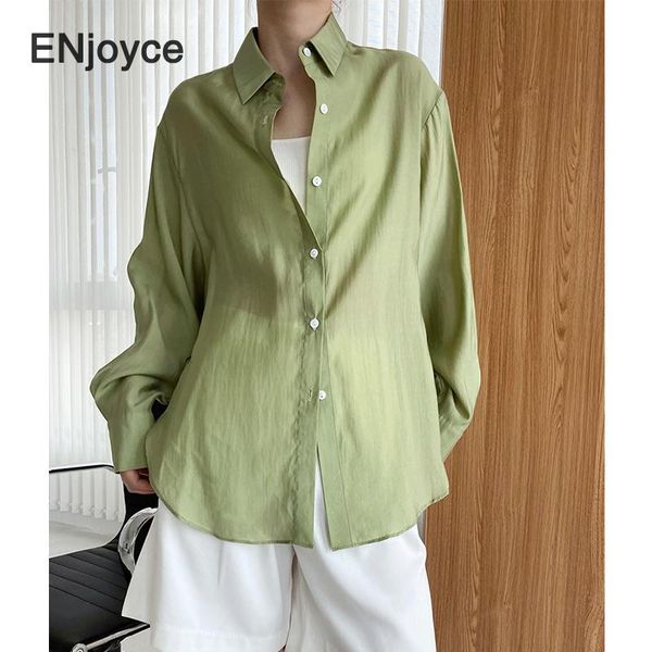 

women's blouses & shirts summer long sleeve tencel thin blouse women fashion satin vintage green work wear ladies korean clothes casual, White