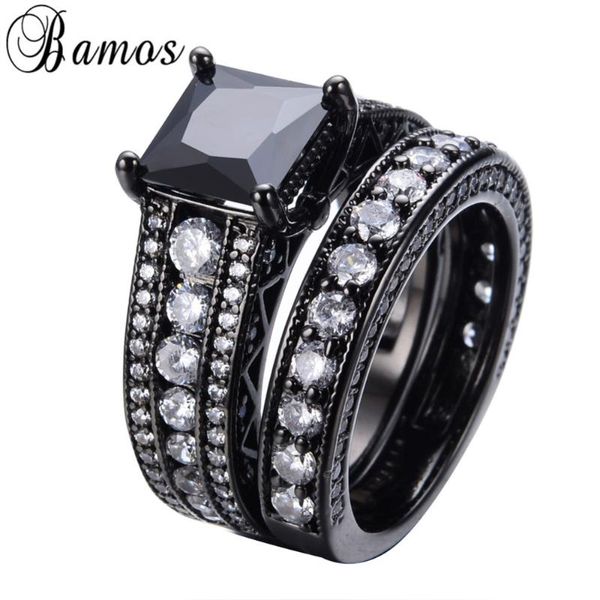 Hochzeit Ringe Bamos Romantische Schwarz Weiß Zirkon Ring Sets Für Paar Gold Gefüllt Party Engagement Liebe Anillos RB0150