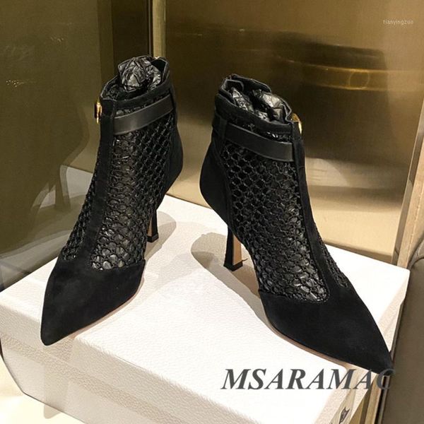 

boots 2021 black hollow out metal hasp high heel ankle suede pointed toe short fashion street ladies party shoes1