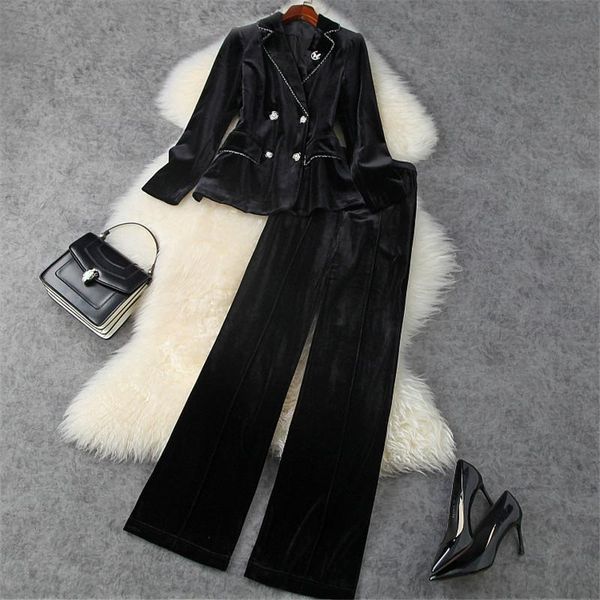 

women's two piece pants fashion fall winter runway set women 2021 elegant full sleeve vintage velour blazer and suit office out, White
