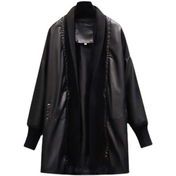 

women's jackets black pu leather jacket women knit patchwork plus size drawstring pocket autumn fashion coat casual loose mid-length fe, Black;brown
