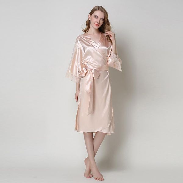 

women's sleepwear homewear spring and autumn imitation silk nightgown ladies lace bathrobe robes for women lingerie robe, Black;red