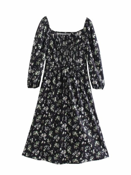 

new 2021 black vintage print long sleeve es women square collar vestidos em9q, White