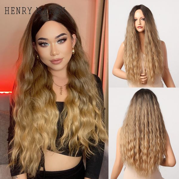 

margu long deep wave synthetic wigs black brown golden ombre middle part hair wig for women afro cosplay heat resistantfactory direct