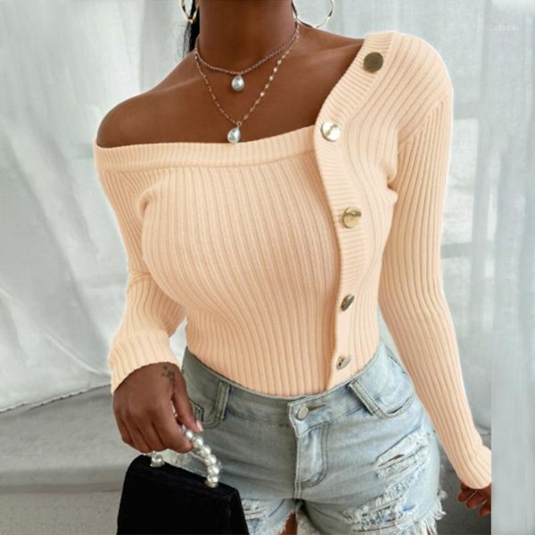 

women's sweaters one shoulder women pullover sweater knitted long sleeve button lady jumper shirt solid color female knit d30, White;black