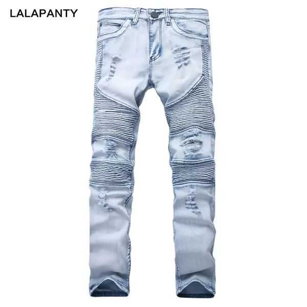 Herren Jeans Lalapanty Bekleidung Slp Blau/Schwarz Destroyed Herren Slim Denim Straight Biker Skinny Jeans Herren Ripped Pants bis 2xl