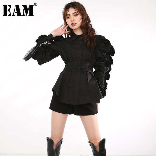 

eam] women white ruffles white temperament blouse new lapel long sleeve loose fit shirt fashion spring autumn 2021 1da24701