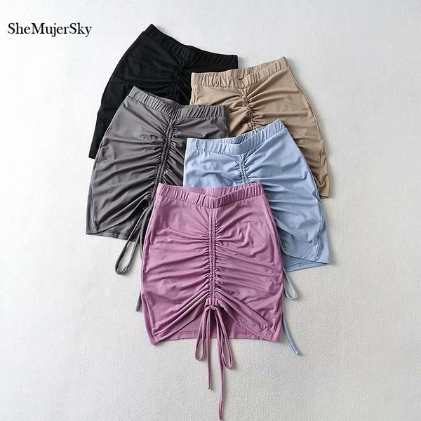 

women's shorts shemujersky women high waist skirt style 2021 summer elastic drawstring bandage slim solid color mini, White;black
