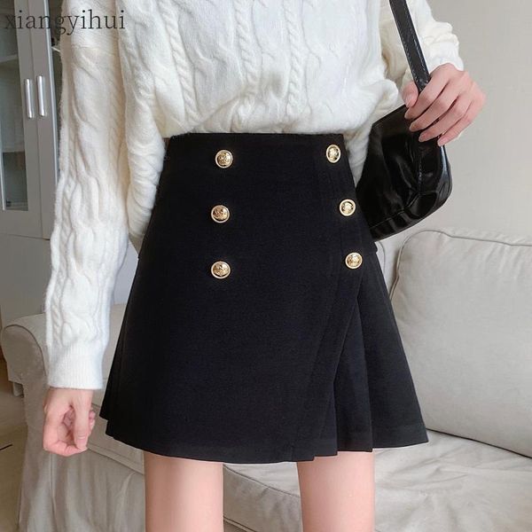 

2xl-4xl plus size women wool pleated double-breasted winter mini skirts women's high waist students skirts preppy style bottoms, Black