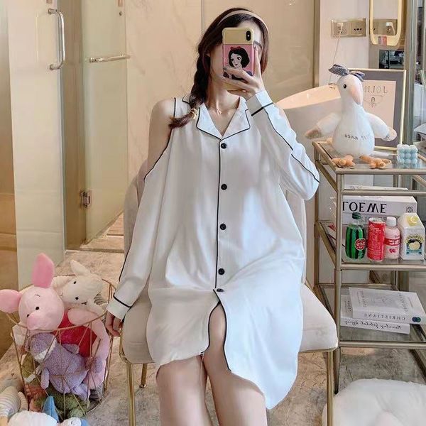 

2021 new summer dress fashion sleepwear womens dress turn-down collar single breasted off shoulder medium length shirt female, White