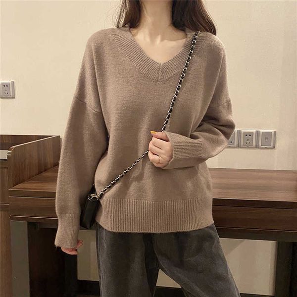 

women's sweaters fall korean simple style fashion solid color v-neck long sleeve oversize casual sweater office lady pullover knitwear, White;black