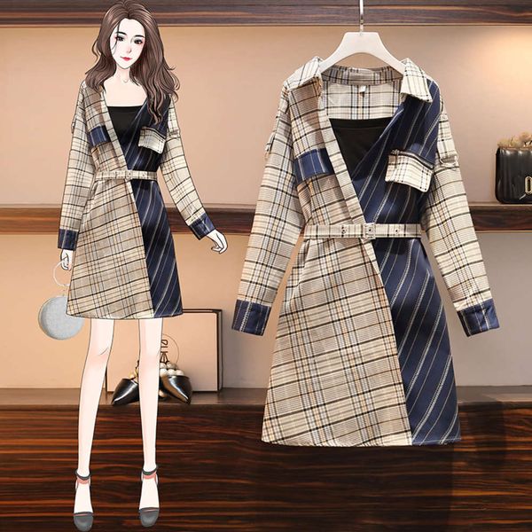 

large size women's early spring 2021 new fat sister's slim french age reducing plaid shirt dress, Black;gray
