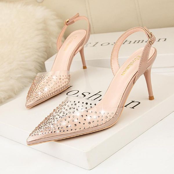 

fashion 7cm simple pointed shallow high heels transparent diamond fashion sandals thin heel hollow women's shoes, Black