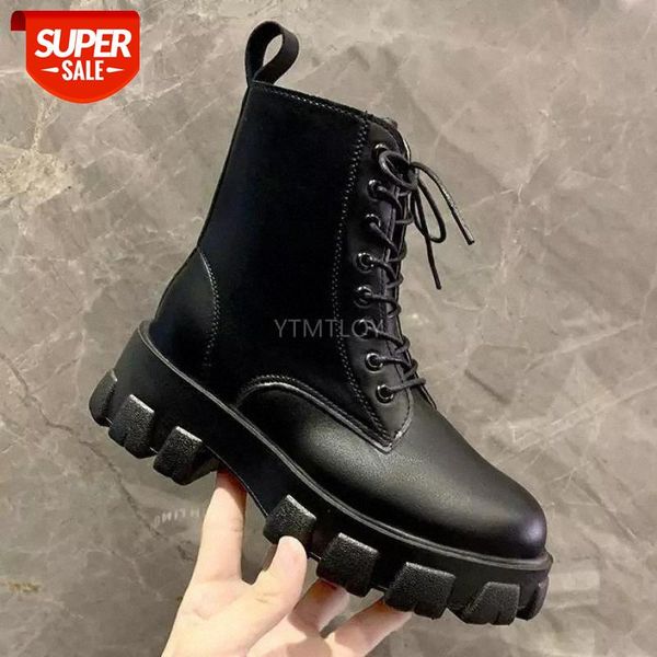 

leather ankle boots for women autumn fashion platform chunky cross tied shoes round toe lace up black booties botas mujer #pz29