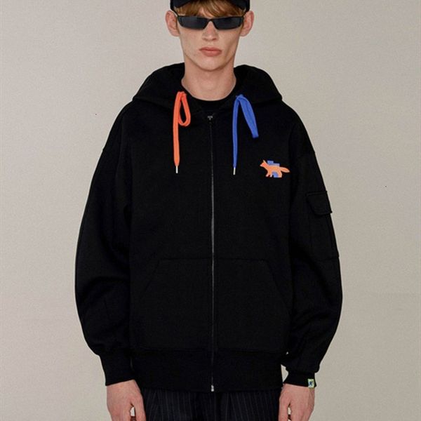 

2021 new fox patch embroidery hoodie 1:1 cardigan pocket on sleeve zipper ader error maison kitsune pullover 79qr, Black