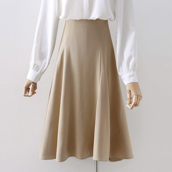 

2021 new high waist women spring a-line fashion pure color elegant midi length skirt faldas jupe femme saia u0rz, Black