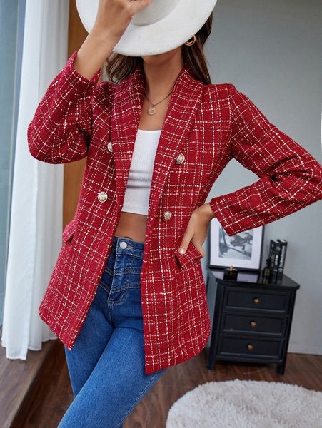 

plaid double breasted shawl collar tweed coat y5ew#, Black