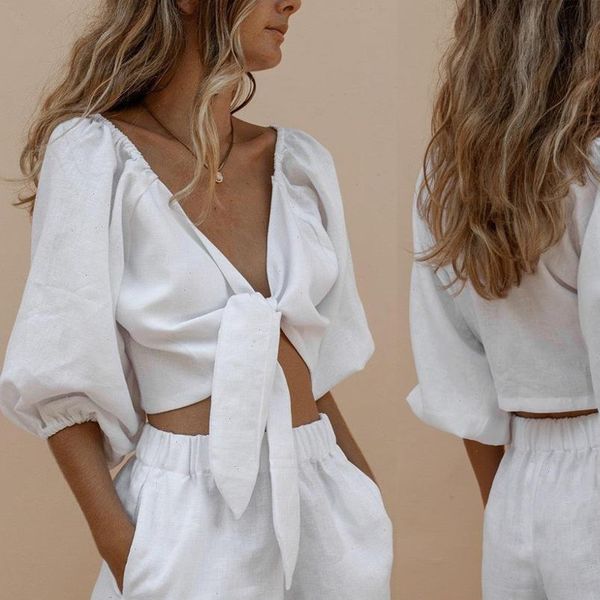 

summer autumn women two piece sets casual linen solid lantern sleeve shorts elastic waist wide leg short suit sets, Gray