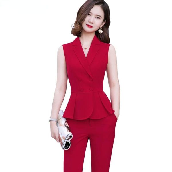 

women's two piece pants elegant pant suit women slim red black white sleeveless ruffle vest blazer and pieces set for office ladies wor