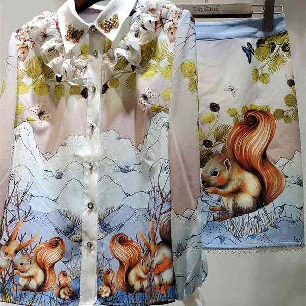 

truevoker lady skirt set high end print beading blouse + elegant mujer party two pieces sets woman et 210602, White