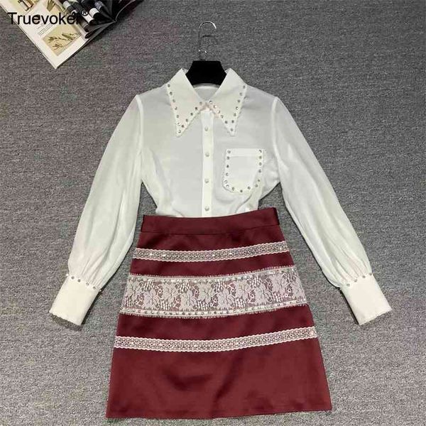 

truevoker woman high end white diamond shirt with red lace patchwork vintage skirt party sets lady et 210602
