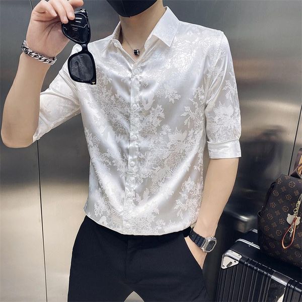 

men's casual shirts fashion 2021 summer luxury print half sleeve for men clothing simple all match slim fit night club/prom tuxedo 3xl, White;black