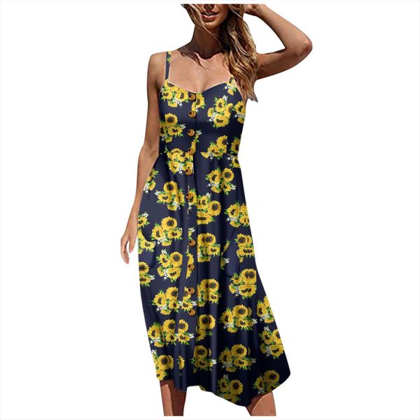 

vintage sunflower print maxi womens dress floral bohemian button down swing pockets beach strap sundress vestidos, Black;gray