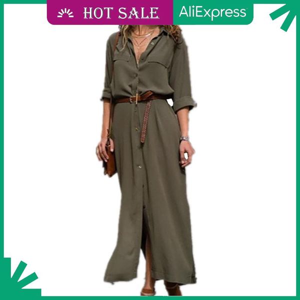 

casual dresses fashion button long dress elegant women work plus size pocket slim black sleeves, Black;gray