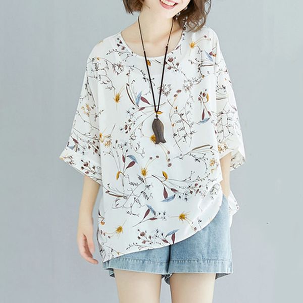 

new floral chiffon blouse for women summer plus size clothing batwing sleeve vintage white shirt ladies casual 2021 12il